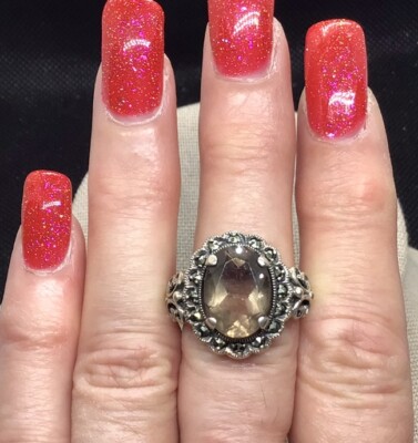 Sterling 925 Chunky Simulated Smokey Topaz & Marcasite Ring Sz 9 Y298