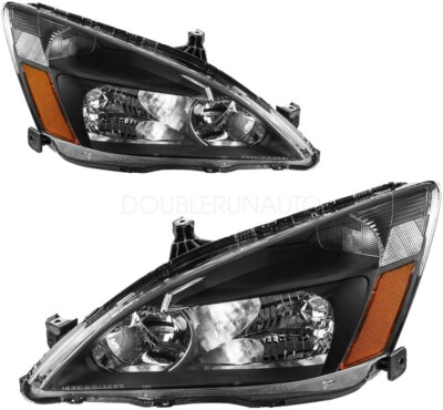 Black Headlights For 2003-2007 Honda Accord Amber Corner Pair HeadLamps LH+RH