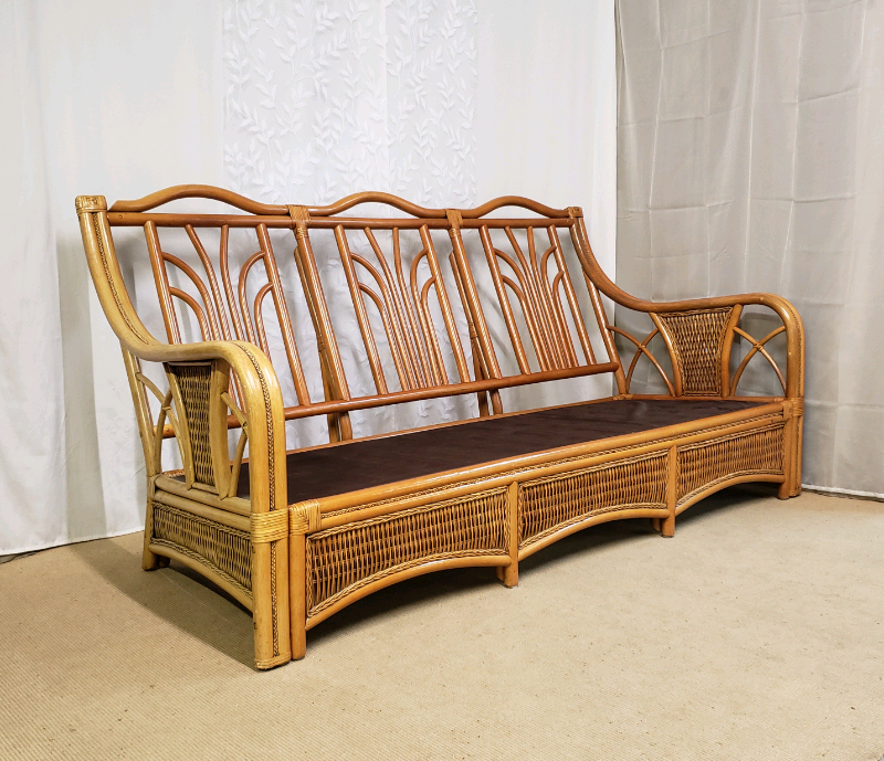 Vintage mid century modern bamboo three seater sofa with base cushion