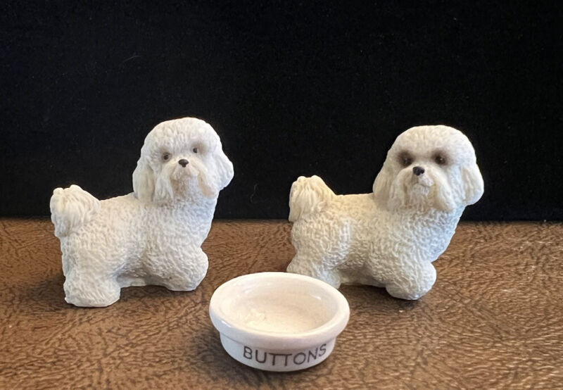 (2) Bichon Frise Dogs W/Bowl - Miniature Resin Figurines- 3 Pieces In Total