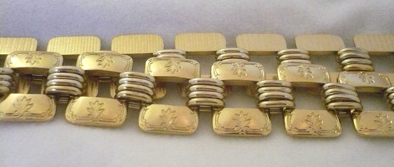 Gold chain belt rectangular discs with leaf design 35 1/2