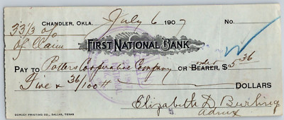 Chandler, Oklahoma 1907 Territorial FNB Bank Check Potters Co-op Scarce