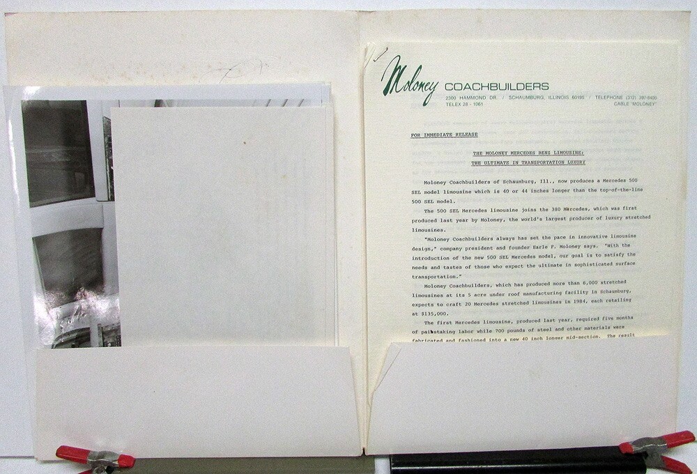 1984 Moloney Coachbuilders Press Kit Media Release Custom Limo Lincoln Cadillac