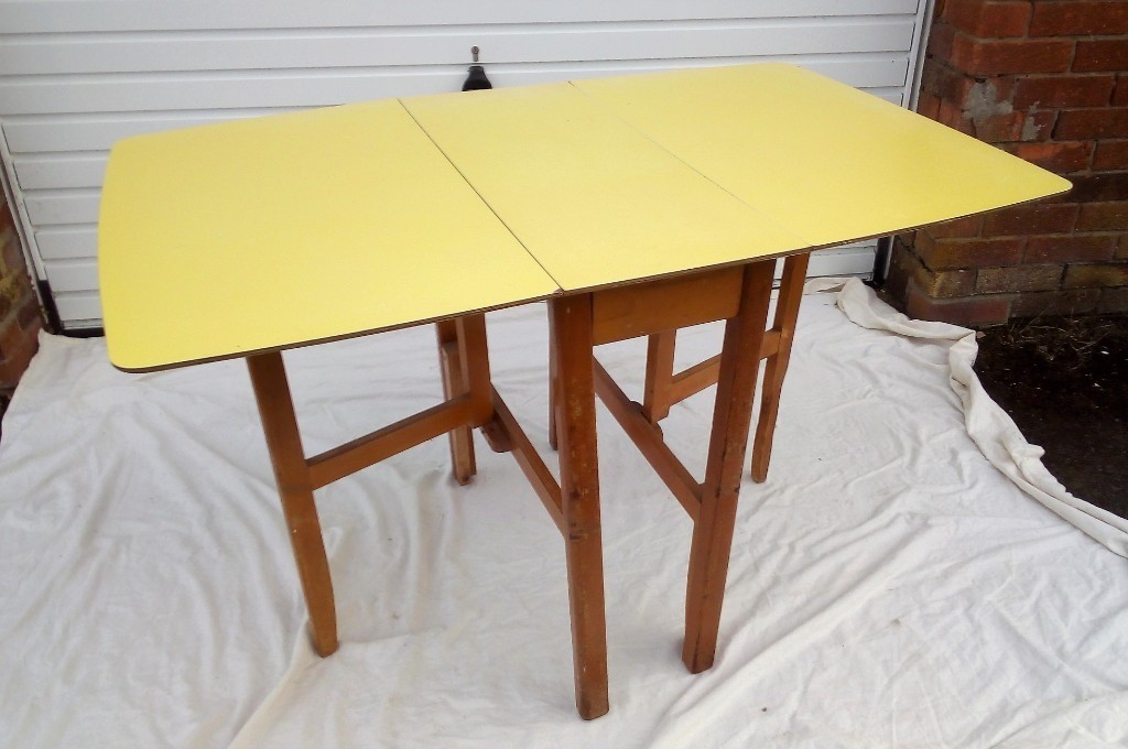 1960s Yellow Kitchen Dining Table Drop Leaf Formica in Newbigginby