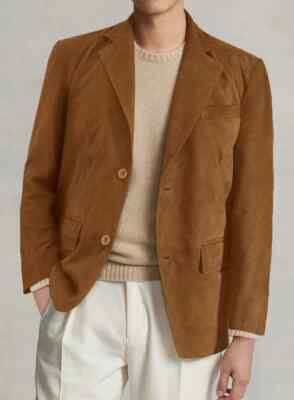 Men's CARAMEL BROWN Suede Blazer 100% Genuine Lambskin Suede Coat Blazer