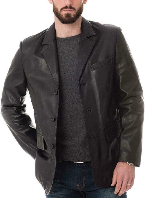 F$L HERREN ORIGINAL LAMMLEDER BLAZER SCHWARZ DREI KNÖPFE MANTEL WEICH MODISCH -MB31