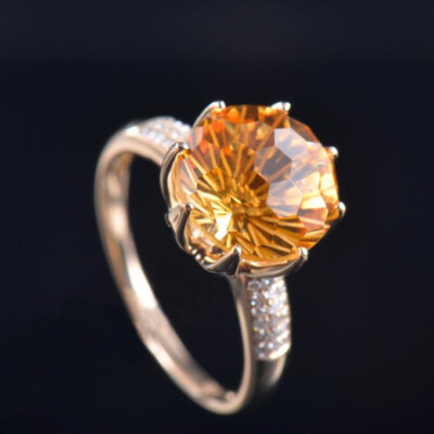 Pre-owned Diamondmounts Estate Natural Diamond Round Citrine Big Women Ring Solid 14k Yellow Gold Gift