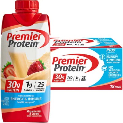 Premier Protein PLUS, 11 fl oz, 18-pack, Strawberries & Cream  
