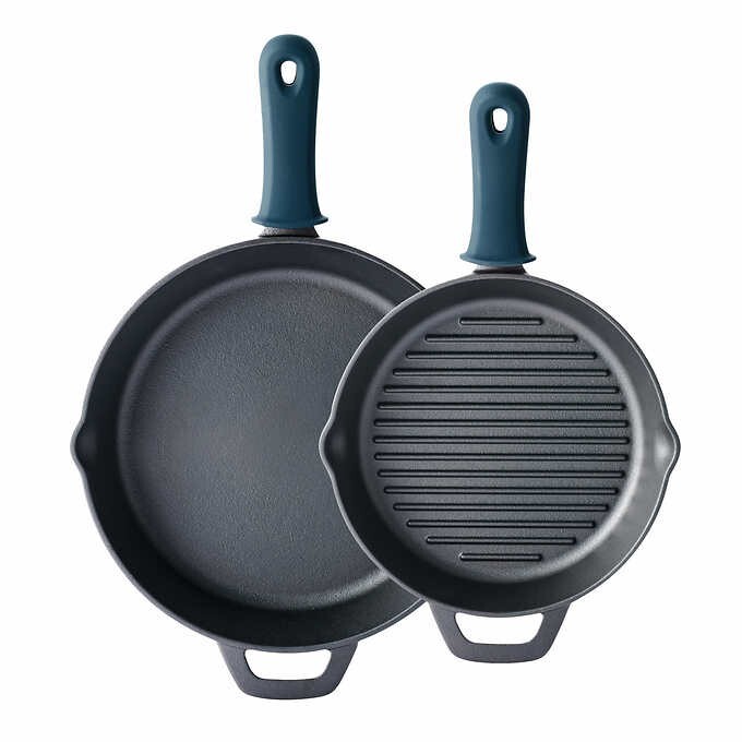 Tramontina Pre-Seasoned Cast Iron Grill Pan + Skillet 10 in Grill 12 in Skillet