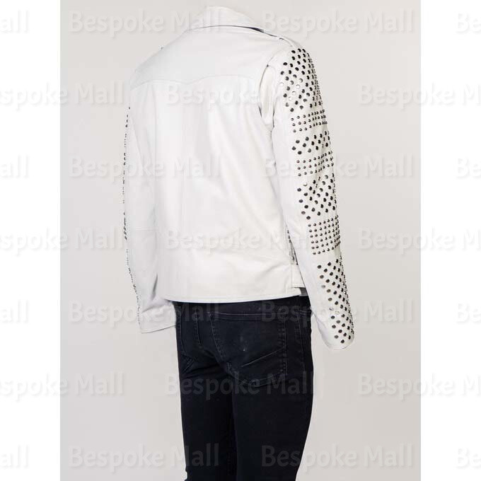 Pre-owned Handmade Men's Punk White Silver Multi Studded Cowhide Leather Jacket With Belted-152