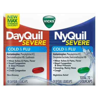 Vicks Severe DayQuil & NyQuil Cough, Cold & Flu Relief 72 LiquiCaps EXP 04/2025