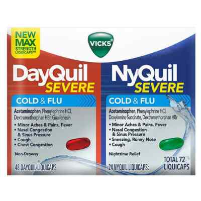 Vicks Severe DayQuil & NyQuil Cough, Cold & Flu Relief 72 LiquiCaps EXP 01/2026