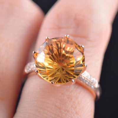 Pre-owned Diamondmounts Natural Diamond Yellow Citrine Big Women Ring Solid 14k Rose Gold Free Shipping