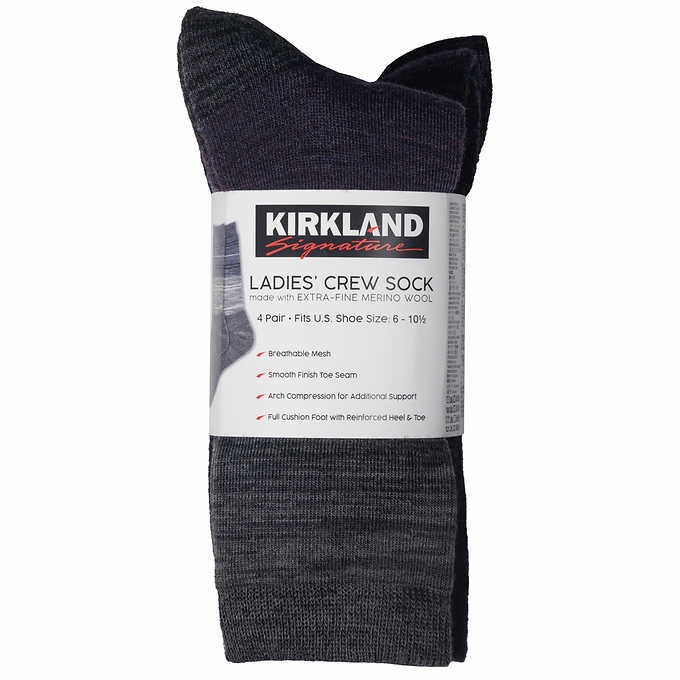 Kirkland Signature Ladies Extra Fine Merino Wool blend crew sock 4 pairs | E22