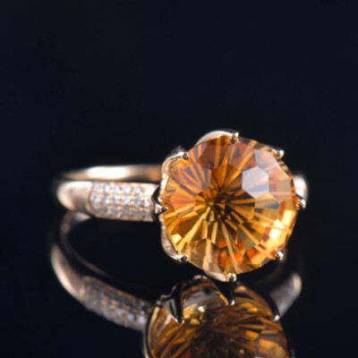 Pre-owned Diamondmounts Estate Natural Diamond Round Citrine Big Women Ring Solid 14k Yellow Gold Gift