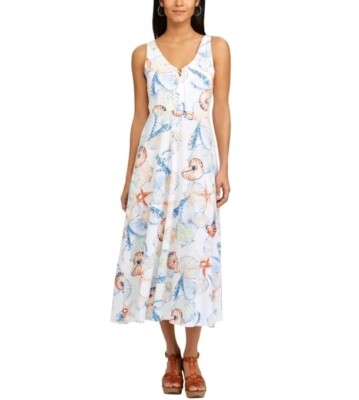 Chaps Ralph Lauren Dress Size XL White Seashell Coastal Beachy Lace Up Midi Maxi