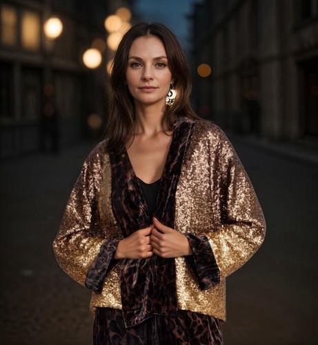 Pre-owned Johnny Was Xl 1x Kimono Silk Velvet & Sequin Gold & Leopard Jacket Wrap Coat