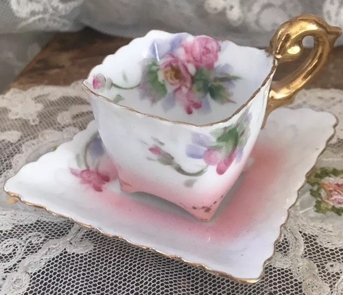 Antique PORCELAIN Delicate TEACUP & SAUCER Demitasse Set Takiro Japan 1.25 X 2.5