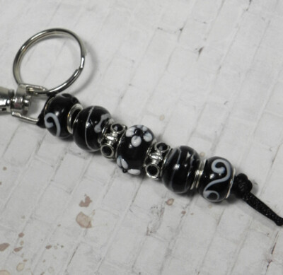 Murano Rhinestone Beaded Handmade Split Ring Keychain Hook Black White New
