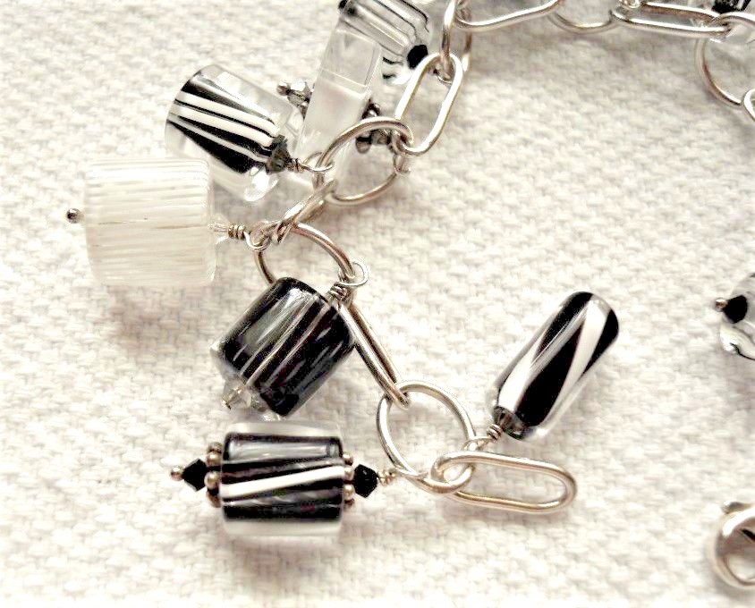 Sterling Silver, Cane & Lampwork Glass Charms Bracelet by Tina Barry Designs 7.5