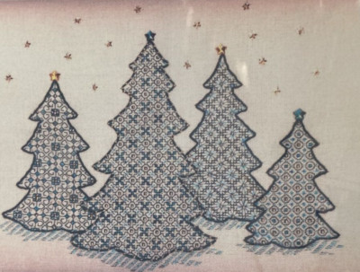 Vtg Rare Blackwork Collect. CHRISTMAS FOREST 2001 blackwork pattern BK023 +stars