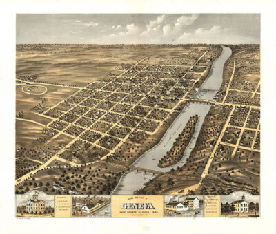 Panoramic Map of Geneva Illinois 16x20