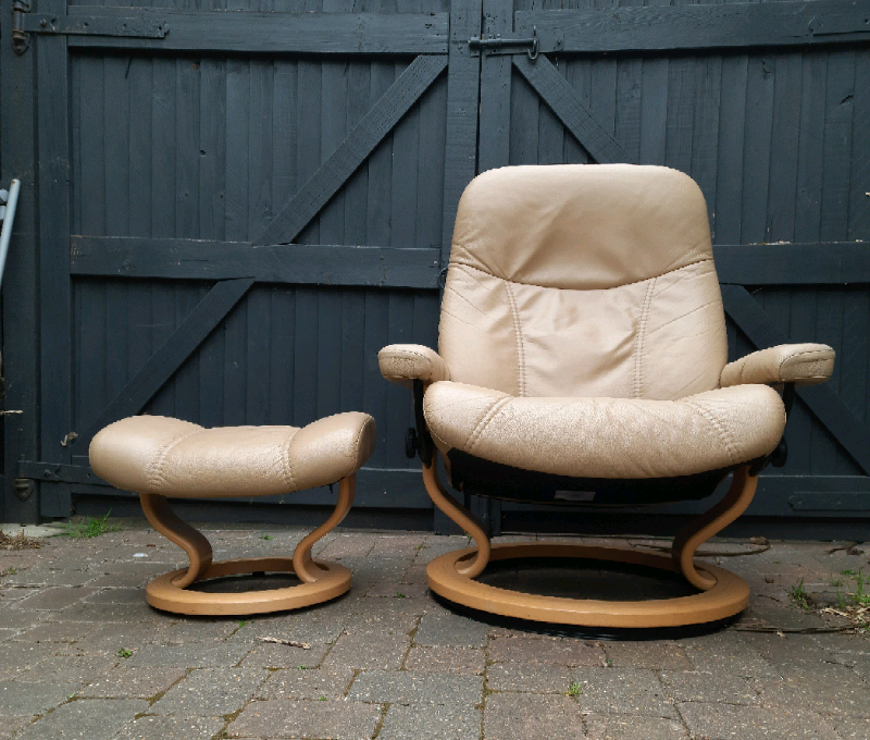 Ekornes Stressless Leather Recliner, Cream Leather Armchair And Footstool