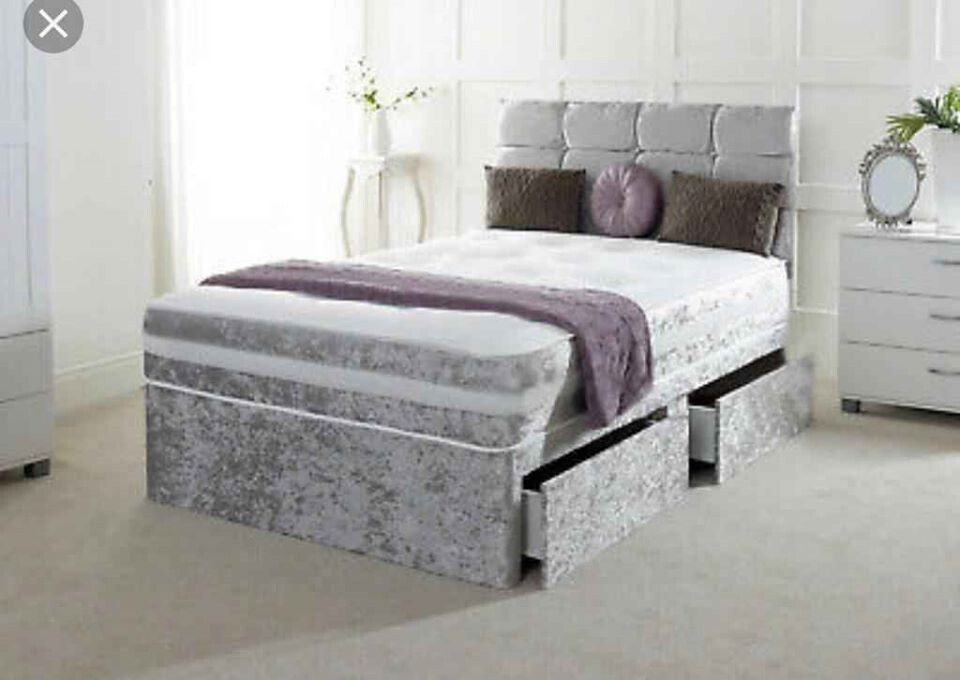 SILVER CRUSHED VELVET DIVAN BED AND FRAME BRAND NEW SINGLE DOUBLE KING