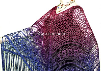 Pre-owned Maya Matazaro Crochet Poncho Shawl Top Hand Dyed Magenta Purple Ombree  One Size In Purple Magenta