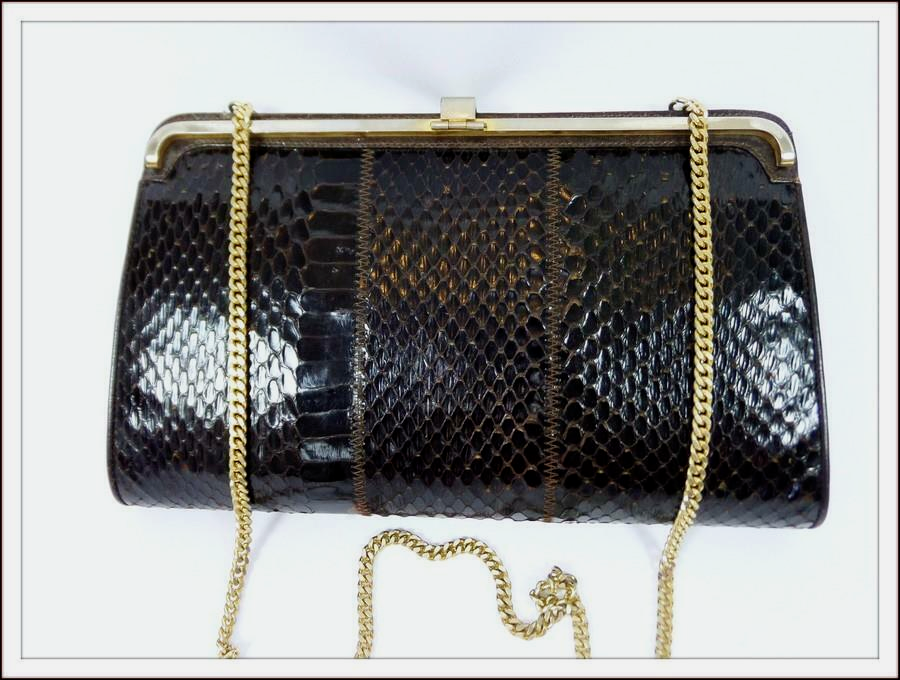 VINTAGE 60s real SNAKESKIN brown CLUTCH HANDBAG leather