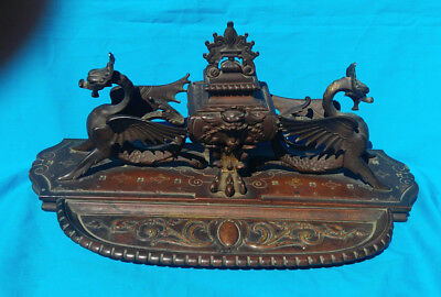 LARGE FRENCH BRONZE EMPIRE PERIOD HEAVY BRONZE INKWELL STAND GRIFFINS C-1860