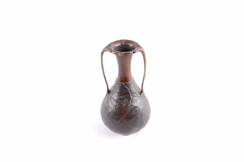 Antique Japanese Art Nouveau Bronze Vase Meiji Era Lotus Leaf Design Handled