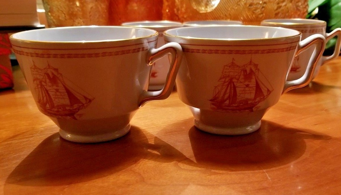 TWO Spode Trade Winds RED CANTON SHAPED FOOTED CUPS ship sailing fine china