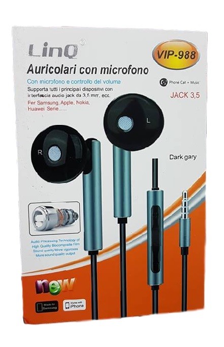Cuffie Auricolari Smartphone Controllo Volume Microfono Jack 3,5mm Linq Vip-988