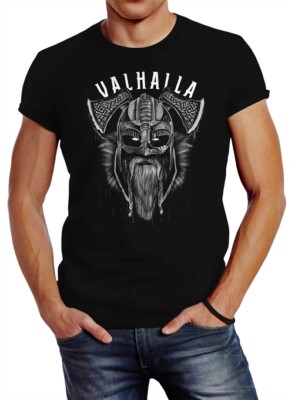 Neverless Herren T-Shirt Aufdruck Valhalla Wikinger Helm Viking Odin Krieger