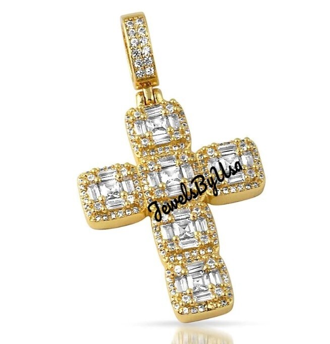Pre-owned Nsg 3ct Men's Baguette Moissanite Mini Cross Charm Pendant Yellow Gold Plated Silver