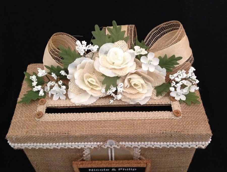 Burlap Wedding Card Box,White Roses,Holds 80 cards,All The Best Card Boxes,beige
