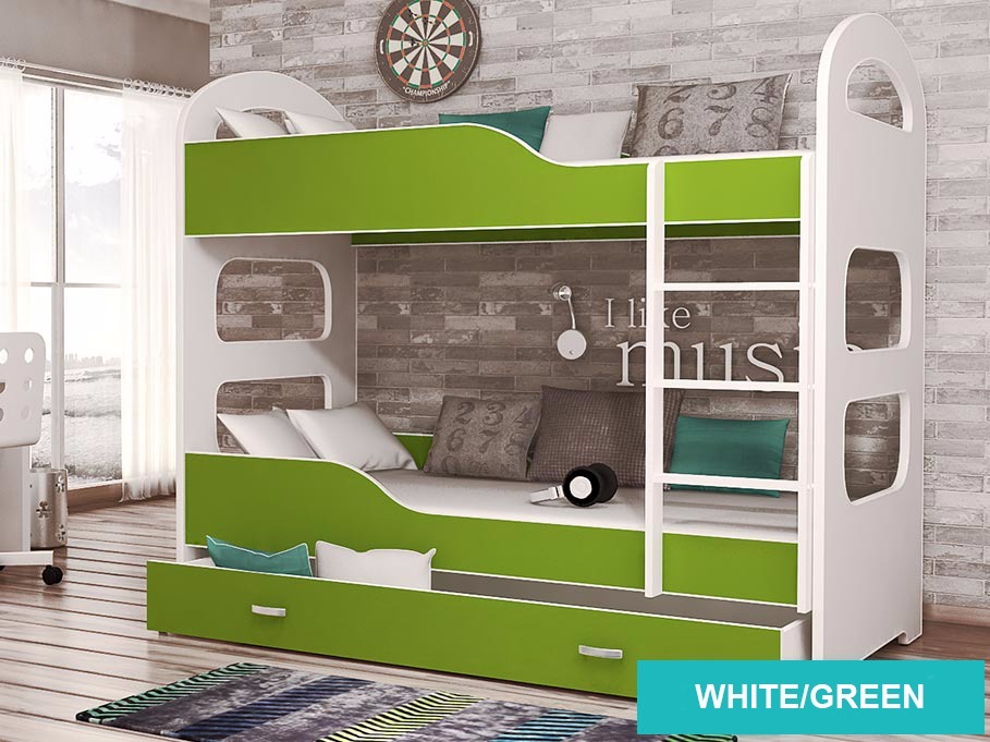 DOMINIC CHILDREN'S BUNK BED IN WHITE/GREEN WITH TWO MATTRESSES AND A