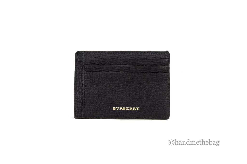 Pre-owned Burberry House Check Chase Black Grainy Leather Money Clip Card Case Wallet