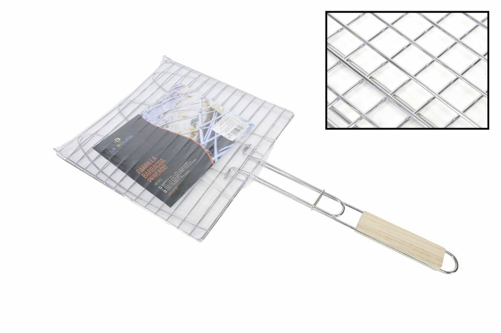 Griglia Pesce Barbecue Doppia Grill Graticola Manico Legno 28x28cm dfh