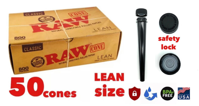 Raw Classic Lean Size Pre-rolled Cones  50 Pack+ Safety Lock Tube