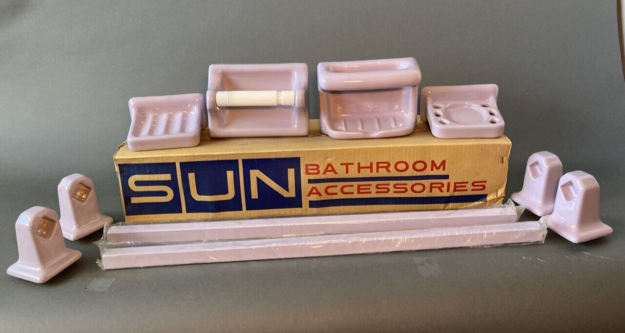 NOS Vintage Sun Japan 10pc MCM Purple Lavender Periwinkle Bathroom Accessory Set