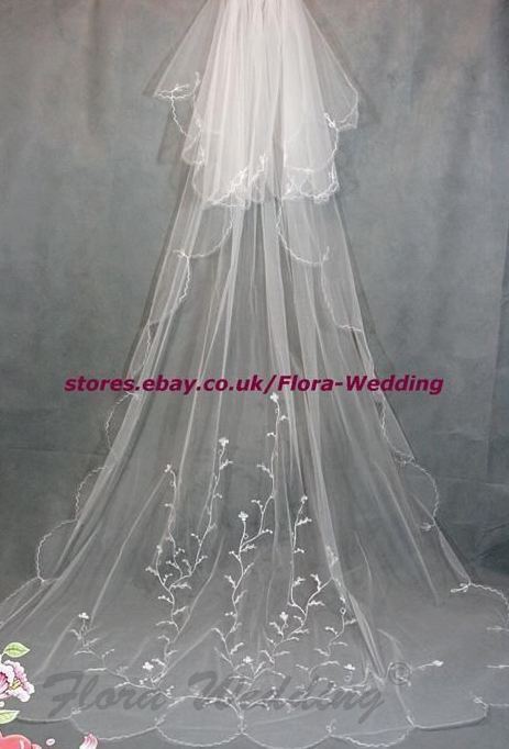 2-Tier 95"L Chapel/Cathedral Long Trailing Bridal Wedding VEIL,Embroidery Design