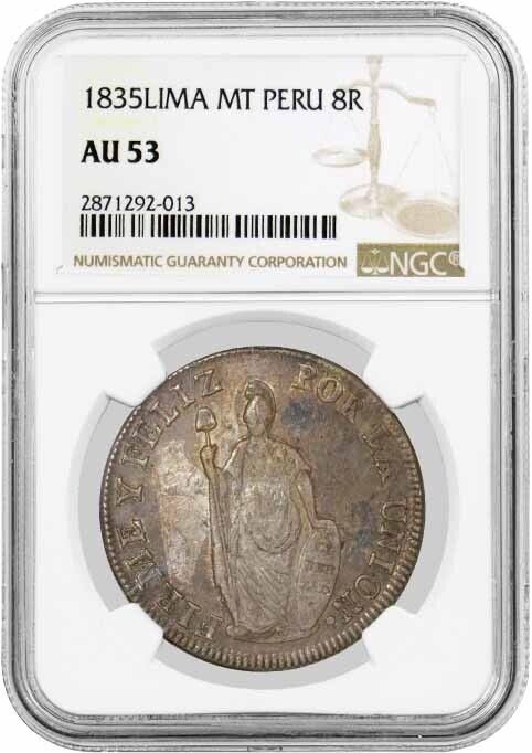 1835 Mt 8 Reales Silver Lima Mint Peru Ngc Au53 About Uncirculated Coin