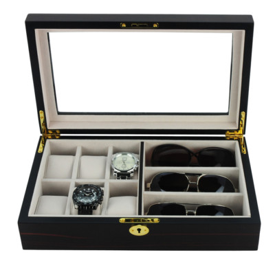 6 Watch 3 Eyeglass Ebony Wood Storage Display Glasses Case Organizer Box 6000EB