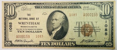1929 $10 National Currency - National Bank of WRENTHAM  Massachusetts - 14 KN