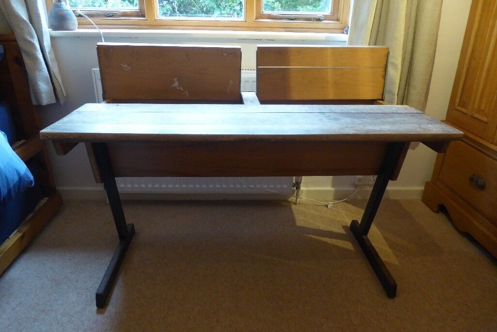 Vintage Old Wooden School Desk Double Lidded Industrial Adult Or