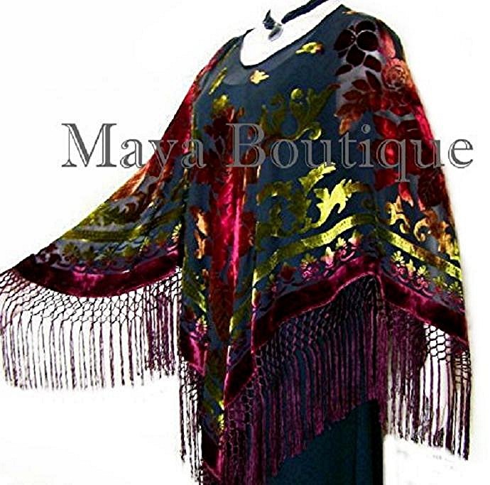 Pre-owned Maya Matazaro Tye Dye Poncho Shawl Top Silk Burnout Velvet Burgundy Multi  Usa In Red