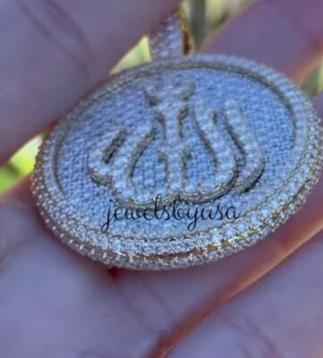 Pre-owned Nsg Men's 3.9 Ct 100% Natural Moissanite Allah Pendant 14k Yellow Gold Plated Silver In White