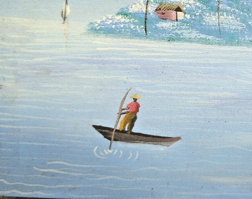 Collectible Haitian Folk Art Naif BIJOUX Painting BORGE Haiti fisherman island